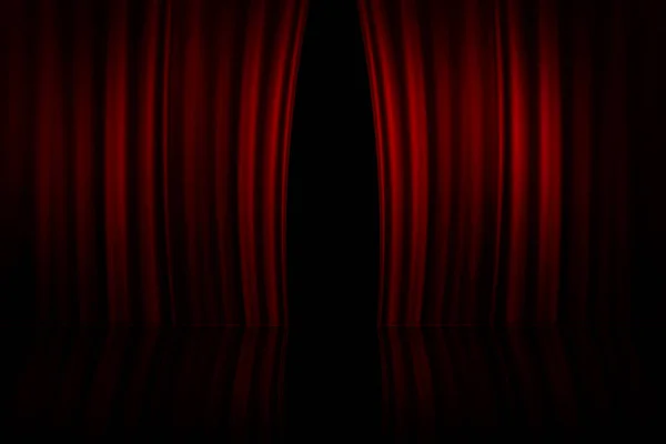 3D渲染剧场或电影院舞台上的红色帷幕微微拉开 — 图库照片