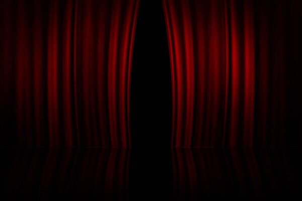 3D Rendering Red curtain on theater or cinema stage slightly open