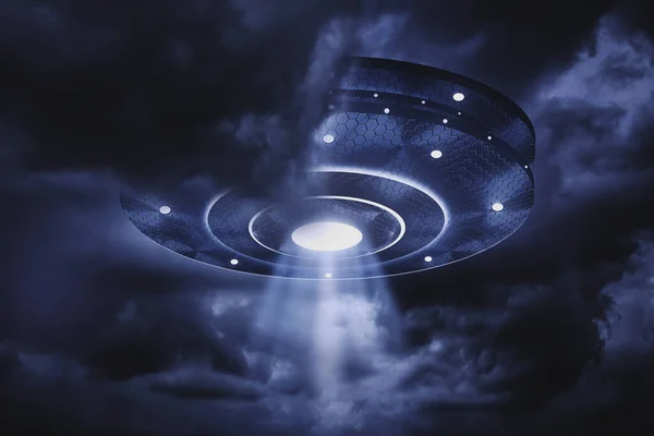 3D Rendering UFO shooting a beam of light in a storm cloud