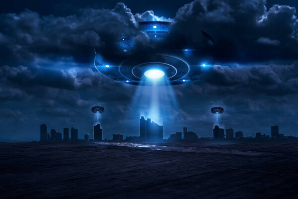 3D Rendering The UFO shooting a beam of light invaded the city at night fantasy.