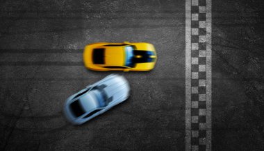 3D Rending Aerial üst görünümü yarış pistinde iki araba bitiş çizgisine gidiyor, yukarıdan iki yarış arabası görünüyor..