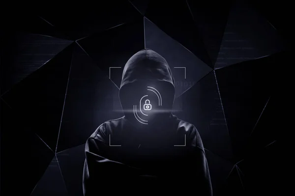 stock image Internet crime concept. Hacker working face unlock on a code on dark digital background with digital interface around.