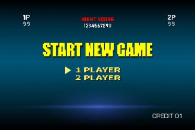 Yeni bir oyun başlat. piksel resim 8 bit oyun retro video oyunu. Klasik bilgisayar oyunları.