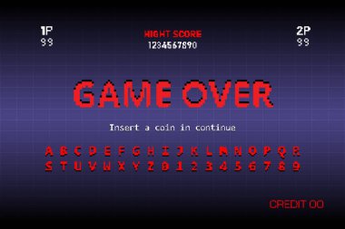 Oyun over VER Retro oyun makinesi arkaplanı .pixel art 8 bit game.retro oyunu. Ekran arkaplanı ve yazı tipi.