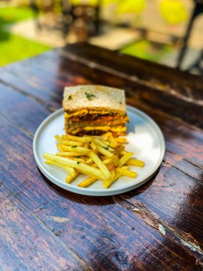 Peynirli, tavuklu ve patates kızartmalı bir sandviç..