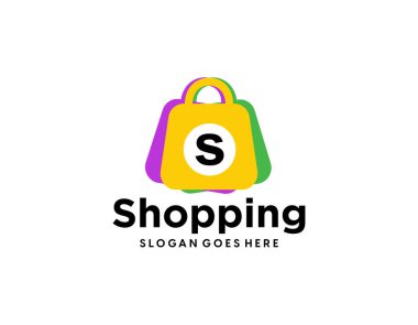 E-ticaret dükkanı logosu tasarım vektör şablonu, el çantası gülümseme logosu simge şablonu