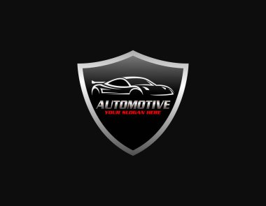 Siyah arkaplanda izole edilmiş otomatik vektör logo amblem tasarım şablonu