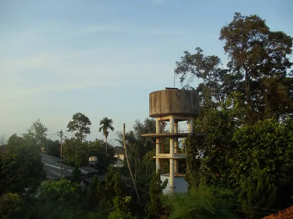 Yumuşak, dağınık bir güneş ışığı altında ağaçlarla ve diğer bitkilerle süslenmiş yemyeşil bir manzaranın üzerinde beton bir su kulesi yükselir..