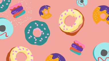 Eğlenceli ve yaratıcı bir arka plan, klasik, ısırılmış ve şeker kaplı çöreklerle birlikte yumuşak pembe arka planda eklerlerle birlikte. Pastane aşıkları ve fırın görselleri için harika bir tasarım..