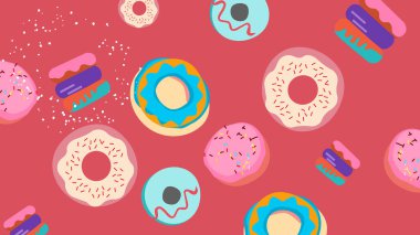 Kırmızı arka planda donut, badem kurabiyesi ve şekerlerden oluşan canlı ve renkli bir arkaplan. Markalaşma, tekstil ve tatlı gıda ambalajları için ideal moda bir tatlı temalı dijital çizim.