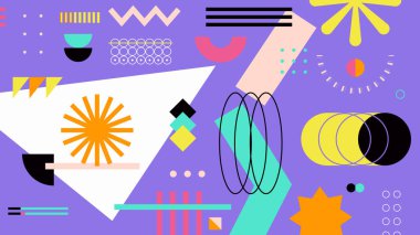 Renkli elementler, modern çizgiler ve fütüristik sembollerle son moda geometrik soyut arka plan. Estetik Memphis tarzı dijital arkaplan, posterler, web tasarımı ve yaratıcı görseller için ideal.