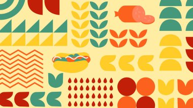 BBQ temalı geometrik şekiller, ızgara elementleri ve retro stil çizimlerine sahip bir arka plan. Gıda ambalajlama, restoran markalaşması, yaz etkinlikleri ve dijital arka planlar için ideal.