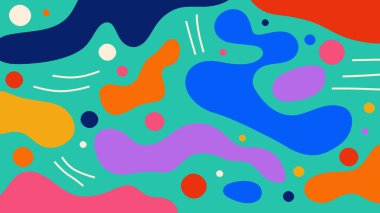 Modern arkaplan şablonu. Geometrik şekilleri, çizgileri, dalgaları ve metni olan minimalist bir poster. Afişler ve sosyal ağlar için tasarım ögesi. Memphis tarzında çağdaş vektör çizimi.