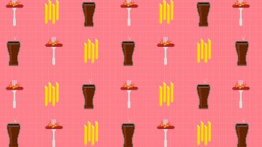 Arka planda pikselli bira, patates kızartması ve pembe ızgara sosis var. Gıda tasarımları, restoran markalaşması, dijital sanat ve retro temalı projeler için mükemmel..