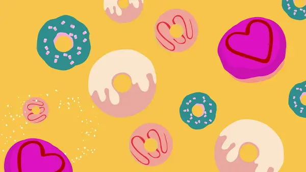 Renkli el çizimi donut arka planda kalp şeklinde klasik halka çörekler serpiştirilmiş ve parlak sarı arka planda krema var. Tatlı temalı projeler için eğlenceli ve canlı bir tasarım..