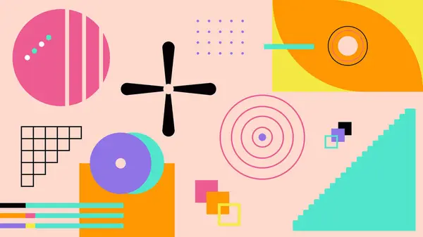 Renkli şekilleri, daireleri ve çizgileri olan modern bir geometrik arkaplan. Dijital sanat eserleri, çağdaş baskılar, yaratıcı projeler ve modaya uygun kompozisyonlar için canlı tasarım ideali.