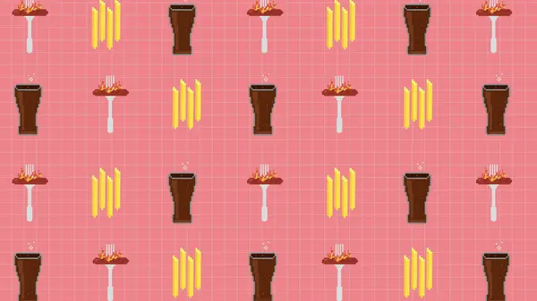 Arka planda pikselli bira, patates kızartması ve pembe ızgara sosis var. Gıda tasarımları, restoran markalaşması, dijital sanat ve retro temalı projeler için mükemmel..