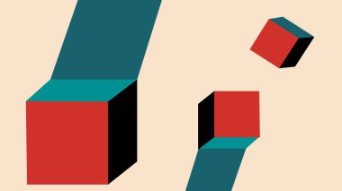 Siyah gölgeli, minimalist yüzen küpler ve simgesel bej arka planda çapraz çizgiler. Güçlü geometrik görsel.