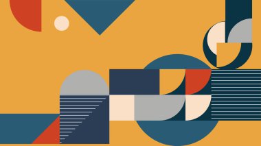 Üstüste binen geometrik elementler ve koyu arkaplanda çizgi aksanları içeren renkli soyut kompozisyon. Bauhaus 'tan esinlenilmiş zarif bir tasarım..