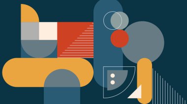 Yarı dairelerin, çizgilerin ve koyu renk bloklarının sessiz gri arka planda minimum soyut yerleşimi. Temiz ve modern görsel sanat.