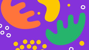 Canlı mor bir arka planda eğlenceli ve renkli soyut şekiller. Çocuklar için ideal görsel, yaratıcı markalaşma ve oyuncu tasarım temaları.