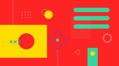 Parlak kırmızı, yeşil ve sarı renkte dikdörtgenler, noktalar ve minimalist elementlerle sanatsal bir düzen. Web ve yaratıcı kullanım için harika.