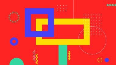 Üst üste binen dikdörtgenler, daireler ve modern şekillerle renkli ve soyut bir arkaplan. Yaratıcı projeler ve görsel tasarım için uygun.