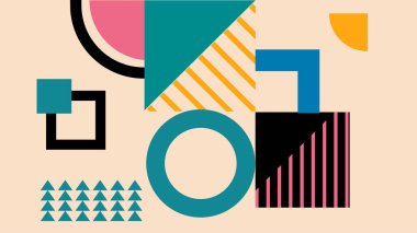 Çizgili daireler, çizgiler, üçgenler ve pembe, mavi, sarı ve siyah renkli bloklar içeren soyut tasarım yumuşak bej arka planda..