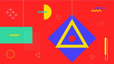 Soyut üçgen merkezli geometrik tasarım mavi ve sarı üzerine kırmızı. Yaratıcı posterler ve dijital görseller için harika..