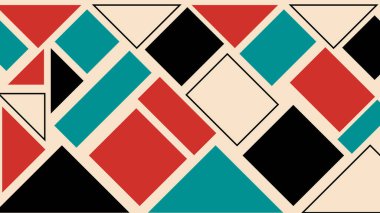 Kırmızı, siyah ve deniz mavisi üçgenleri ve kareleri olan renkli soyut bir şebeke. Modern estetiğe sahip bej tabanlı göz alıcı geometrik tasarım.