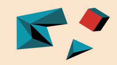 Bej bir arkaplan üzerinde kırmızı, yeşil ve siyah tonlarda küp ve piramitler içeren minimum 3 boyutlu geometrik nesneler. Modern ve soyut tasarım.
