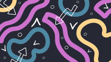 Turuncu, mor ve deniz mavisi organik formlarda el yapımı oklar ve beyaz yaprak simgeleri. Yaratıcı ve eğlenceli soyut düzen.