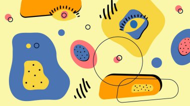 Akıcı yeşil ve sarı şekilli oyuncu soyut kompozisyon, açık arkaplan üzerine noktalar ve karalamalar. Yaratıcı, modern ve moda dijital sanat projeleri için ideal.