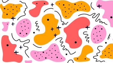 Enerji dolu karalama tarzı soyut kabarcıklar, noktalı dokular ve beyaz arka planda dalgalı siyah çizgiler. Parlak ve oyuncu bir düzen.