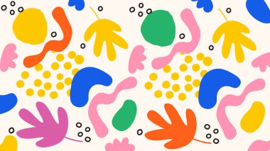 Kalın yaprak siluetleri, daireler ve canlı renk paletinde anlamlı fırça benzeri şekiller içeren soyut sanat eserleri.