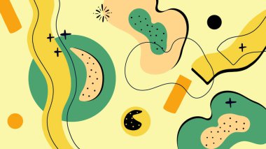 Üst üste binen daireler, oklar, kalın şekiller ve açık sarı arkaplanda enerjik karalamalar içeren canlı vektör illüstrasyonu. Yaratıcı kullanım için göz alıcı ve modern soyut tasarım.