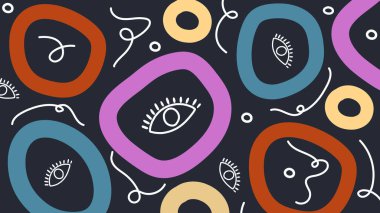 Esrarengiz soyut gözler ve yüzler koyu arkaplanda akan çizgiler olan renkli kabarcıklar içinde. Sanatsal ve cesur görsel kimlik kavramı.