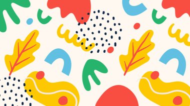 Stilize edilmiş yaprakların, organik kıvrımların ve kalın canlı tonlarda noktaların yaratıcı bileşimi. Yazı, baskı ya da çocuk temaları için mükemmel.