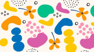 Cesur organik şekiller ve el yapımı elementlerle renkli ve soyut bir arkaplan. Çocuk projeleri, markalaşma ve yaratıcı görüntüler için mükemmel..