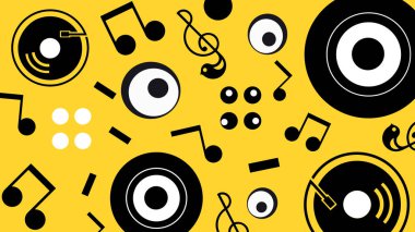 Müzik notaları ve kayıt elemanları yaratıcı bir düzende. Müzik festivalleri, müzik görselleri veya DJ markaları için ideal.