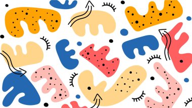 Yumuşak tonlarda kıvrımlı, noktalı ve şakacı soyut aksanlı organik renkli formlar. Beyaz bir tuval üzerinde yaratıcı el çizimi stili.