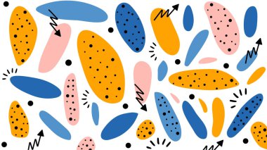 Beyaz arkaplandaki oklarla bağlantılı noktalı desenler ve yaprak sembolleriyle mavi, pembe ve sarı renkli eğlenceli kabarcıklar..