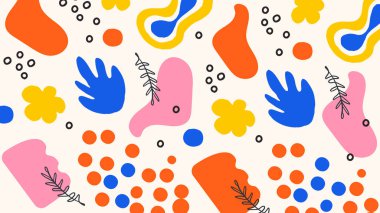 Çarpıcı bir renk paletinde kalın şekiller, yapraklar ve noktalar içeren soyut bir arkaplan. Dinamik görseller ve oyuncu tasarım ihtiyaçları için harikadır..