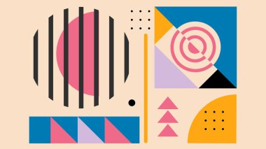 Turuncu, yeşil, siyah ve pembe tonlarda geometrik şekiller, çizgiler, kavisler ve kalın bloklar ile çarpıcı soyut düzen yumuşak bej.