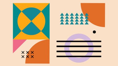 Yarı daireler, çizgiler, zikzaklar, turuncu, deniz mavisi ve siyah renkli koyu renk elementler içeren enerjik soyut yerleşim.