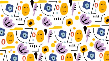 Soyut çiçek şekillerinin hoş bir karışımı, sevimli gülümseyen yüzler, ve beyaz arka planda canlı renkli aksanlar. Çocuk tasarımı, ambalajı ya da neşeli dijital sanat eserleri için harika..