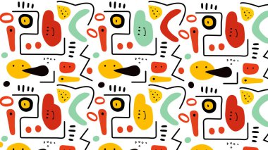 Renkli ve modern bir kompozisyonda tuhaf yüz ifadeleri ve tuhaf şekilleri olan cesur ve soyut, oyuncu elementler..