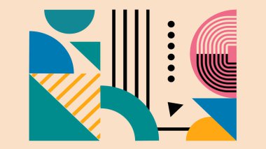 Renkli soyut çizimler, üçgenler, kalın bloklar ve turuncu, mavi, lavanta ve siyah çizimler yumuşak nötr taban üzerinde..