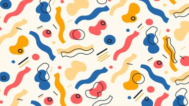 Yumuşak krem yüzeyinde kıvrımlı çizgiler, kalın renkler ve neşeli formlar içeren enerjik soyut bileşim. Göz alıcı tasarımlar için harika..