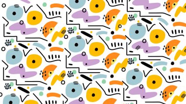 Beyaz arka planda mavi, lavanta, turuncu ve sarı organik şekilli el yapımı soyut tasarım. Eğlenceli, modern ve yaratıcı sanat eserleri eğlenceli görsel projeler için mükemmeldir..